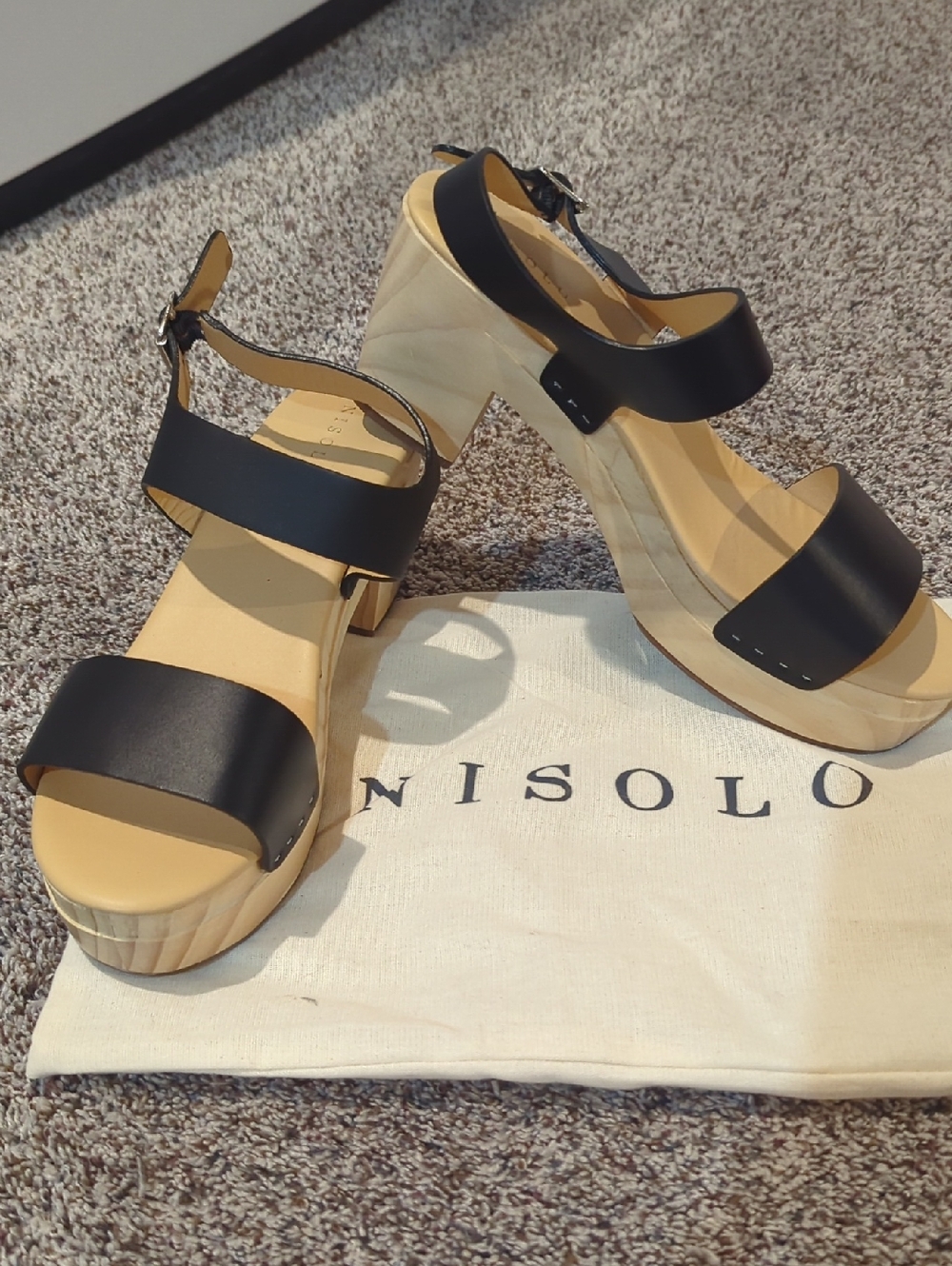 Nisolo Black Leather Wedge Platform Sandals